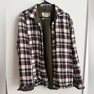 L.L. Bean Men's Burgundy and White Plaid Shirt Jacket with Olive Fleece Lining
